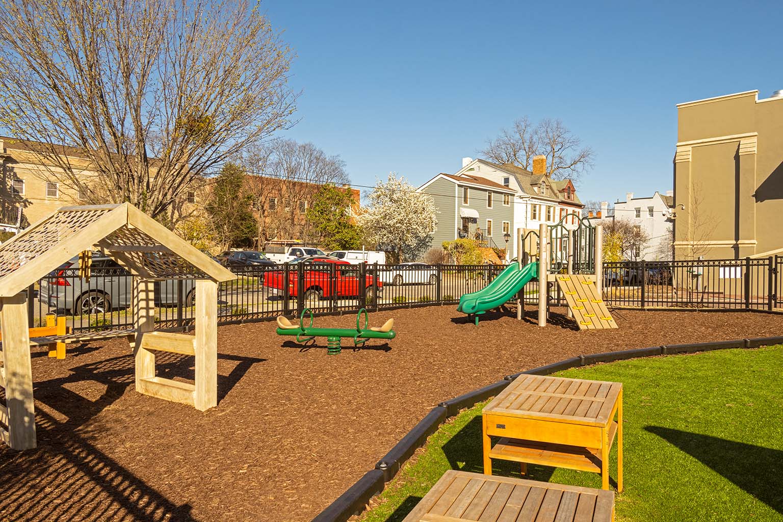 Church playground with wooden play pieces
