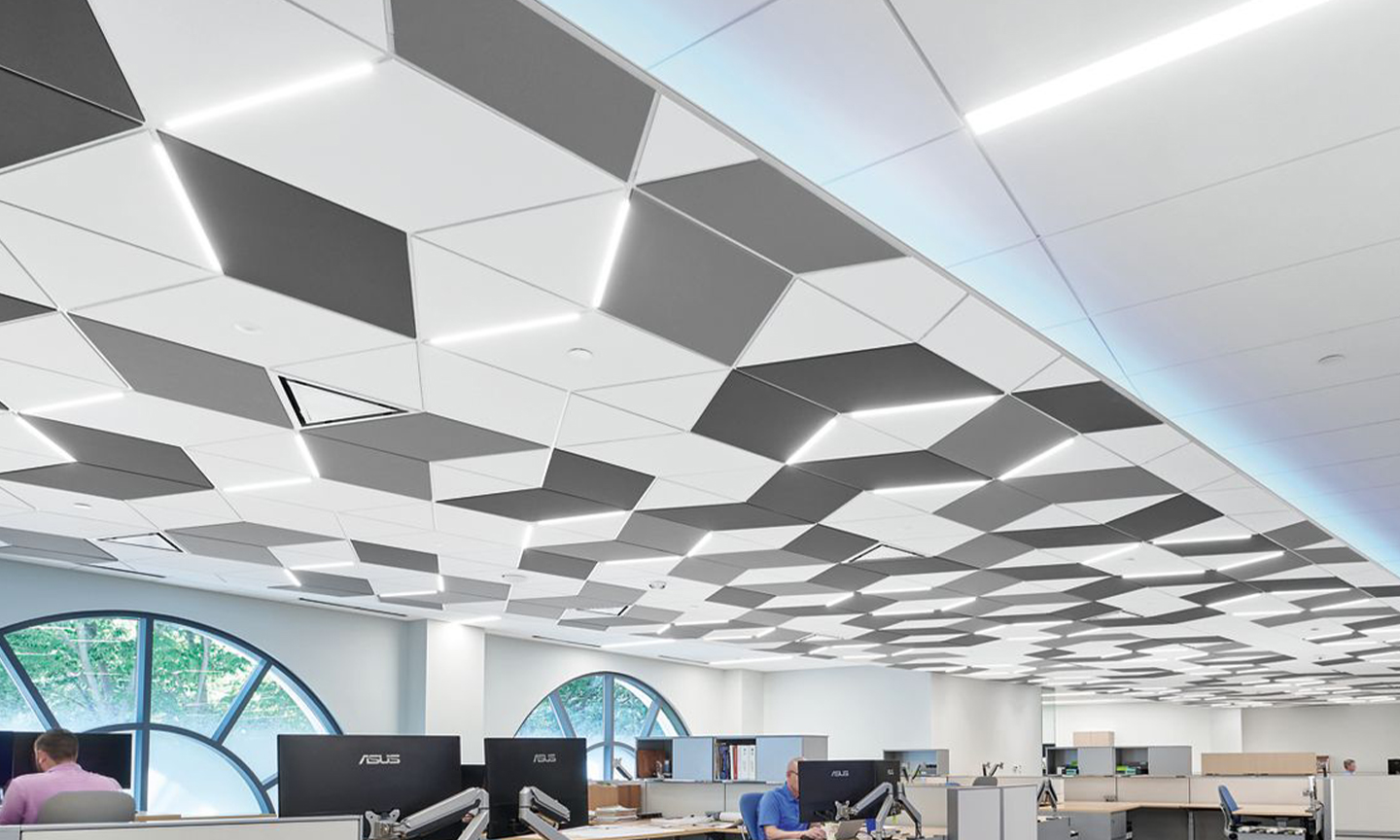 Decorative diamond and triangle ceiling tiles and lighting